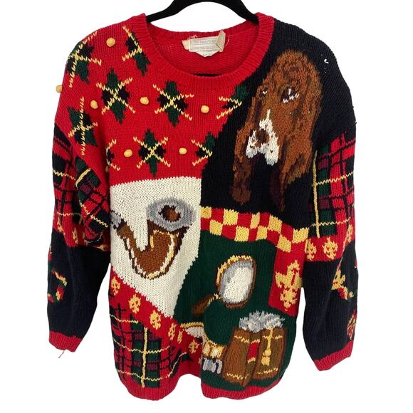 Vintage 1990 EAGLES EYE women's L Beagle dog pipe hound ugly christmas sweater - Picture 1 of 6